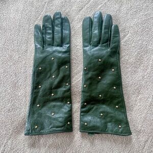 Kate Spade Olive Green Leather Gloves Gold Accent Studs 7.5